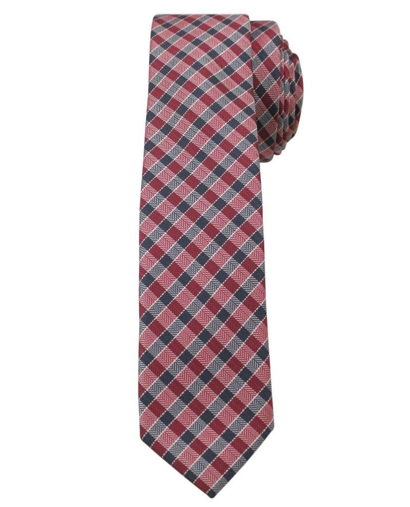 Bordowo-Granatowy Stylowy Krawat (Śledź) Męski -ALTIES- 5 cm, Wąski, w Kratkę