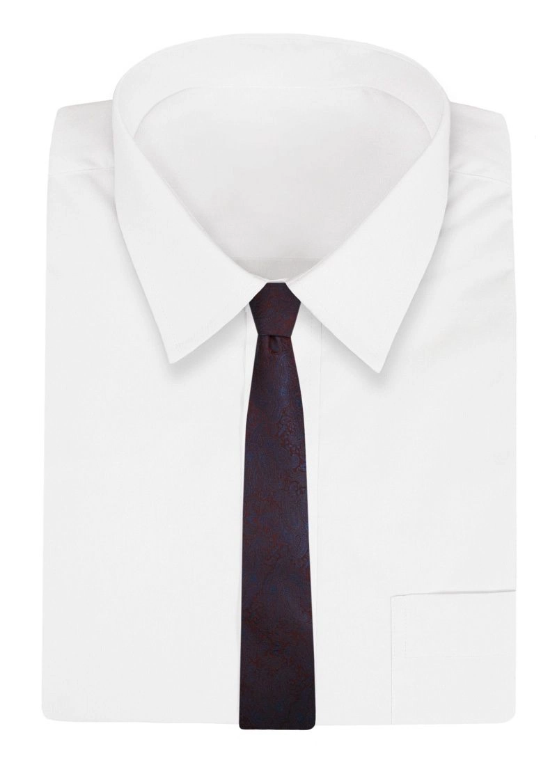 Bordowo-Niebieski Męski Krawat -Chattier- 7,5cm, Klasyczny, Szeroki, Elegancki, Paisley, Łezki