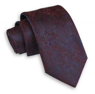 Bordowo-Niebieski Męski Krawat -Chattier- 7,5cm, Klasyczny, Szeroki, Elegancki, Paisley, Łezki