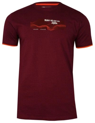 Bordowy Bawełniany T-Shirt -PAKO JEANS- Męski, Okrągły Dekolt, Krótki Rękaw, z Nadrukiem, Motto