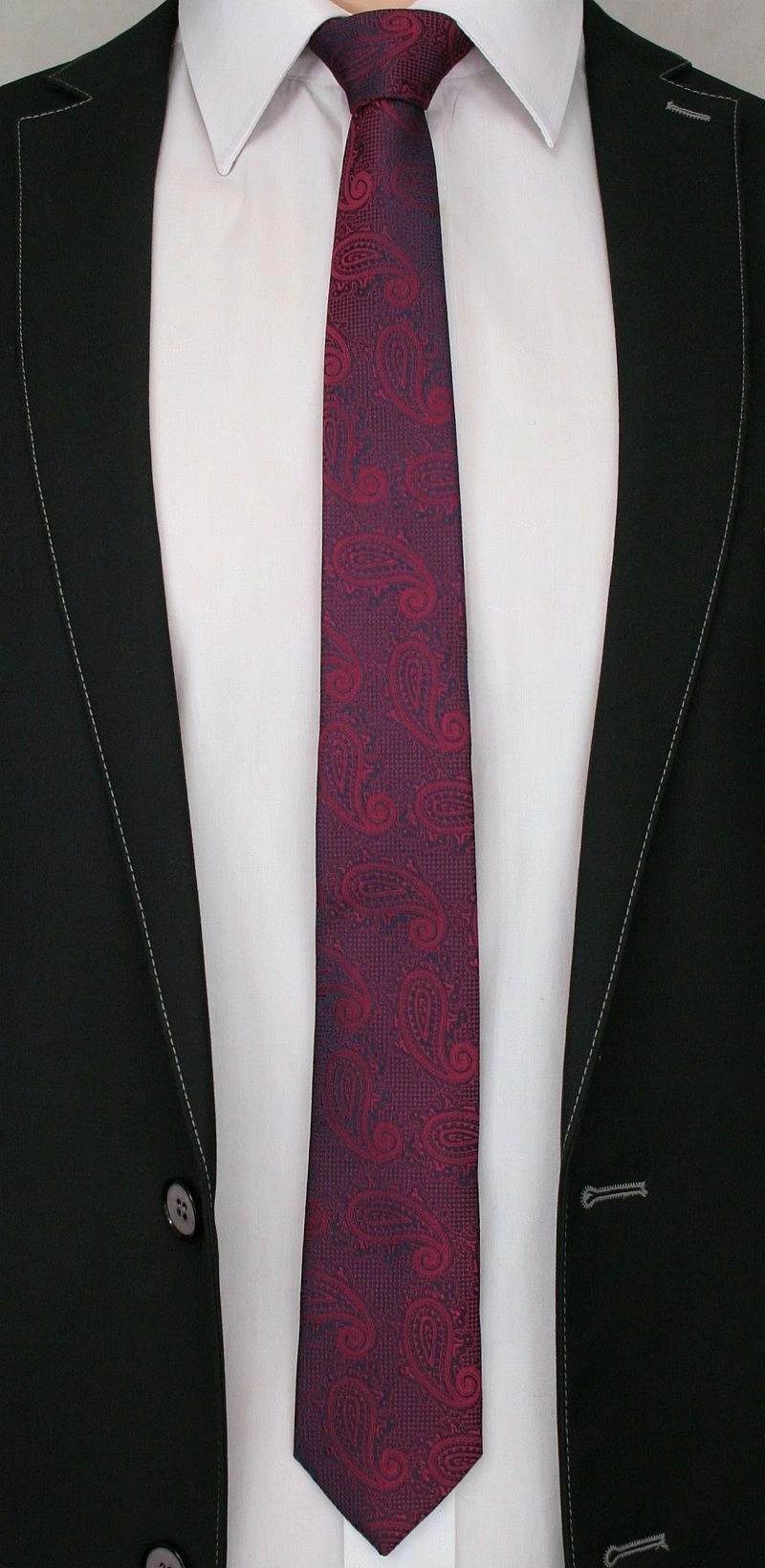 Bordowy Elegancki Krawat Męski -ALTIES- 6 cm, Paisley, Łezka