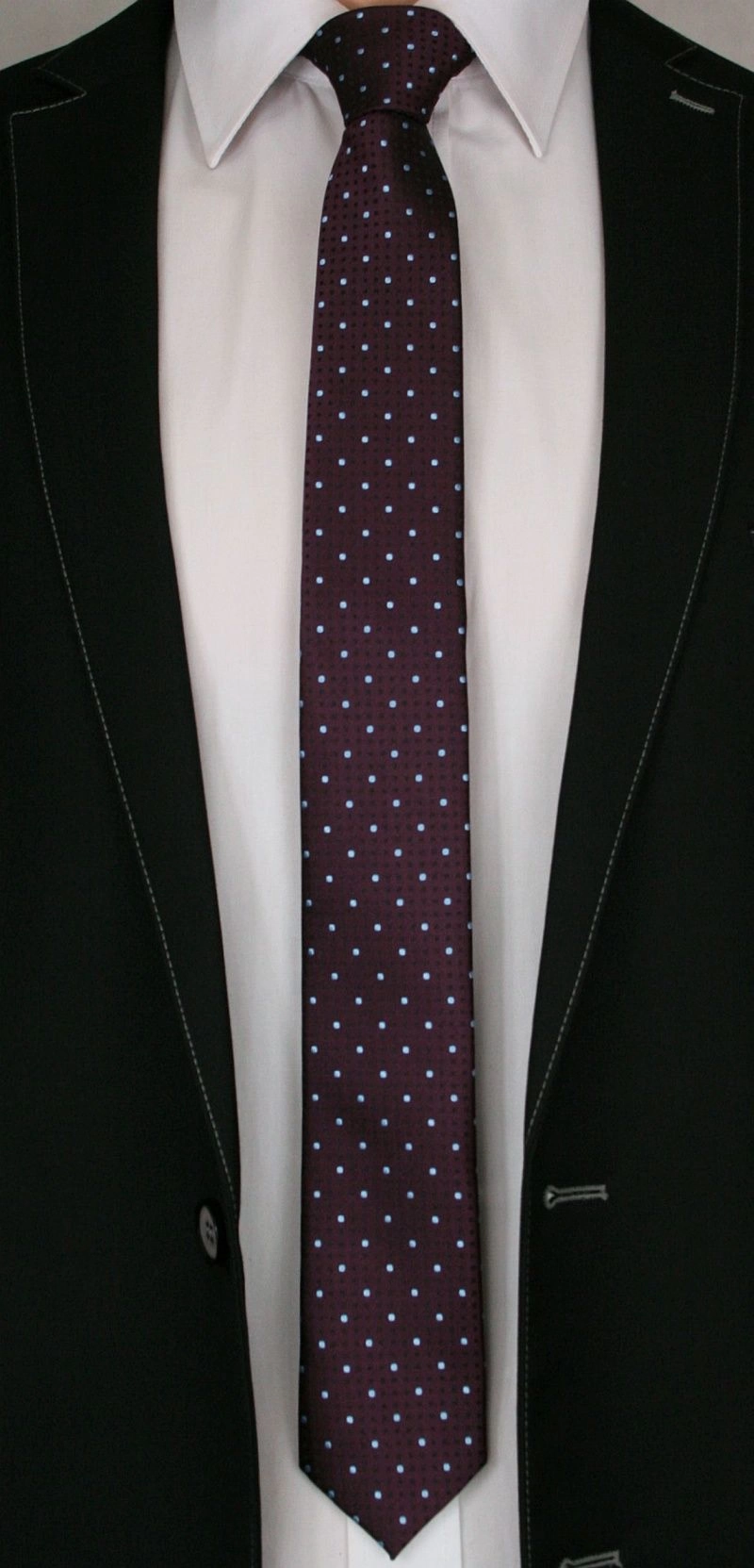 Bordowy Elegancki Krawat w Niebieskie Kropki -Angelo di Monti- 6 cm, Męski, w Groszki