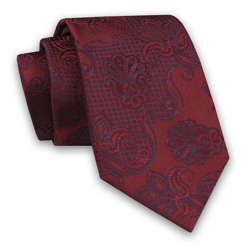 Bordowy Elegancki Męski Krawat -ALTIES- 7cm, Stylowy, Klasyczny, w Niebieski Wzór Orientalny 