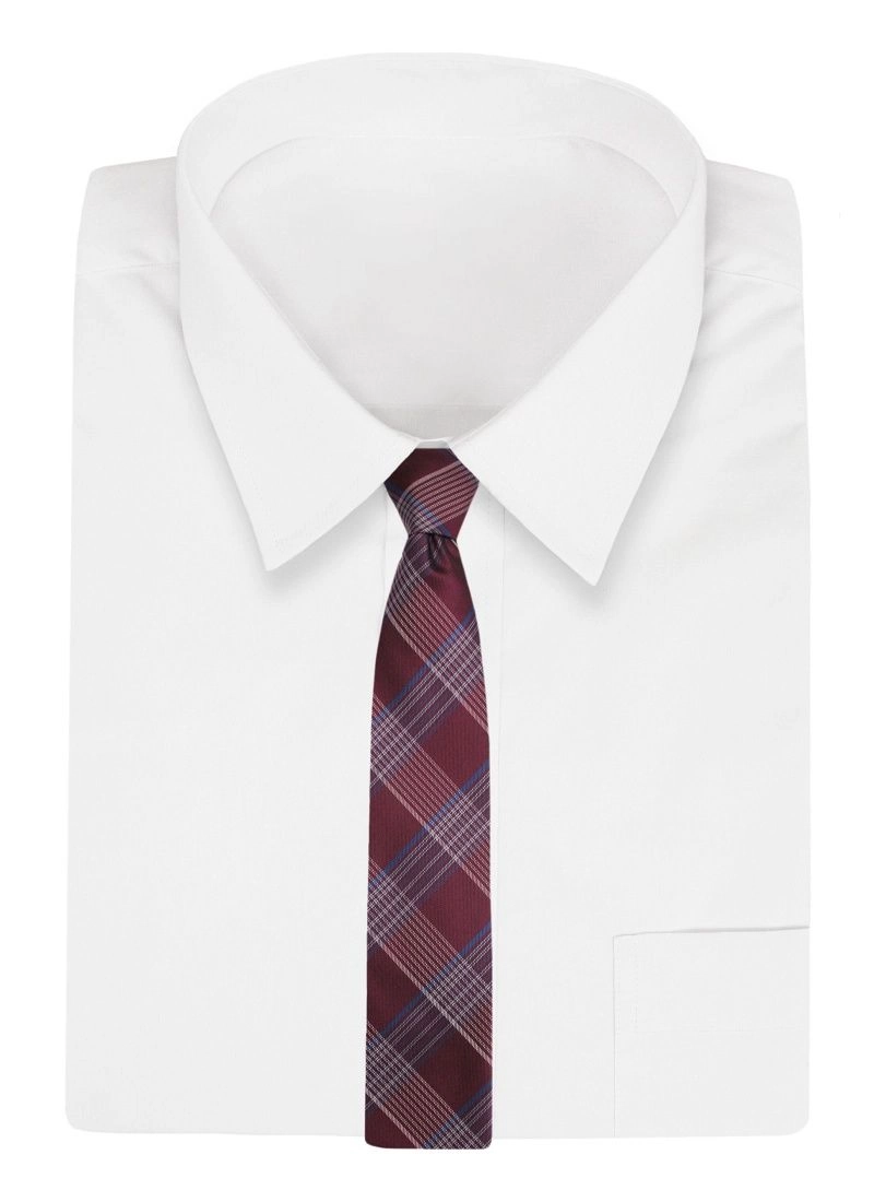 Bordowy Męski Krawat -Chattier- 7,5cm, Klasyczny, Szeroki, Elegancki, w Niebiesko-Białą Kratkę