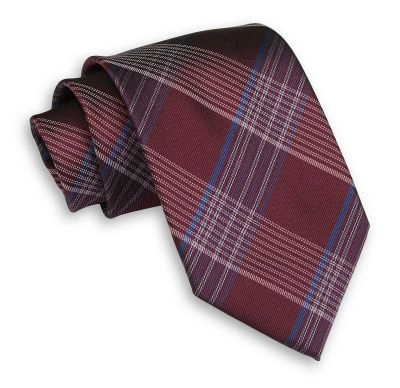 Bordowy Męski Krawat -Chattier- 7,5cm, Klasyczny, Szeroki, Elegancki, w Niebiesko-Białą Kratkę