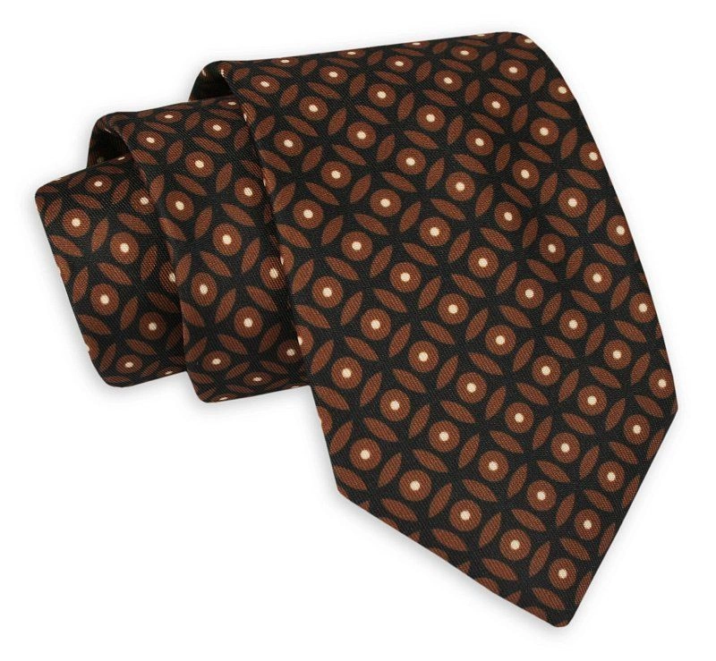 Brązowo-Czarny Męski Krawat -Chattier- 7,5cm, Klasyczny, Elegancki, Karmelowy, Wzór Geometryczny