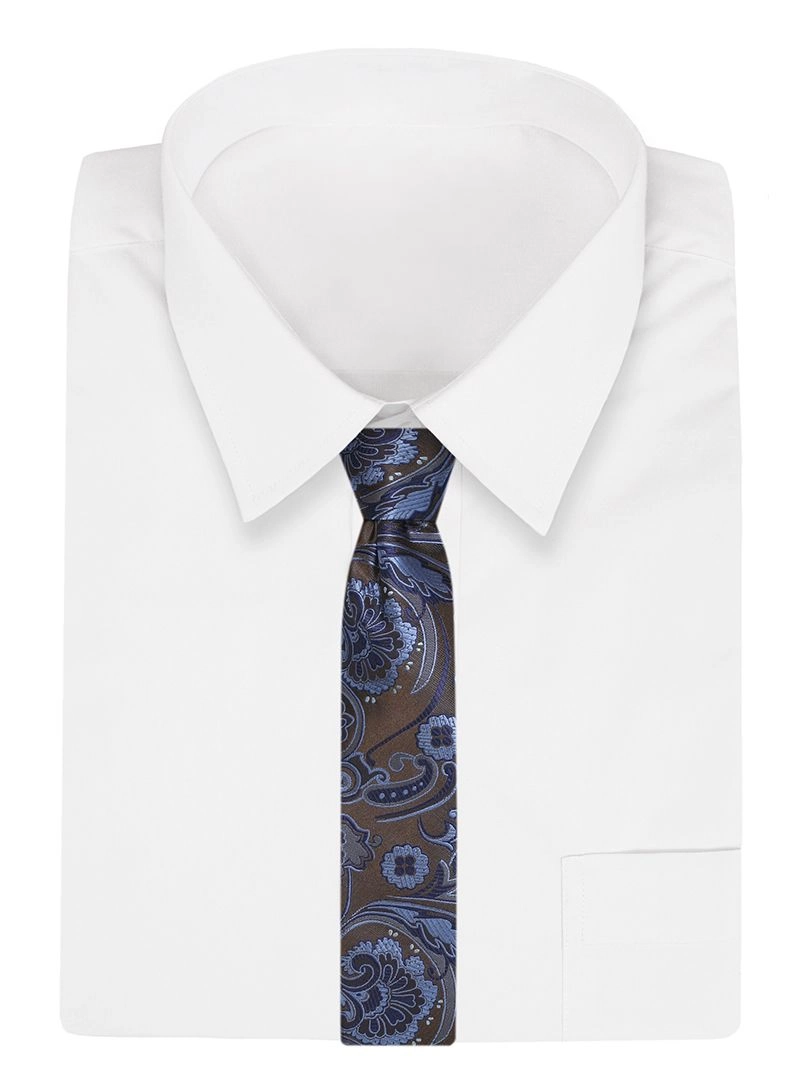 Brązowo-Niebieski Męski Krawat -Chattier- 7,5cm, Klasyczny, Elegancki, w Kwiatki, Motyw Florystyczny
