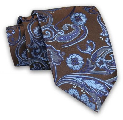 Brązowo-Niebieski Męski Krawat -Chattier- 7,5cm, Klasyczny, Elegancki, w Kwiatki, Motyw Florystyczny