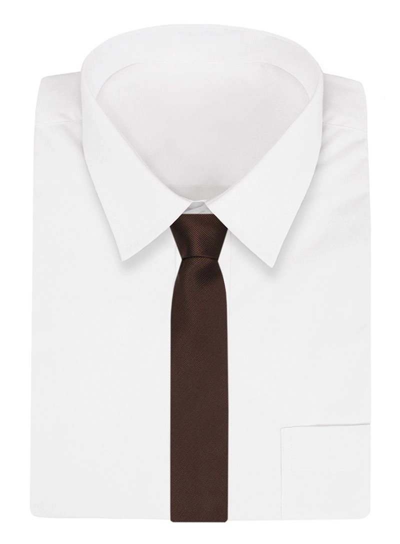 Brązowy Elegancki Klasyczny Męski Krawat -Angelo di Monti- 7 cm, Jednokolorowy, w Delikatne Prążki