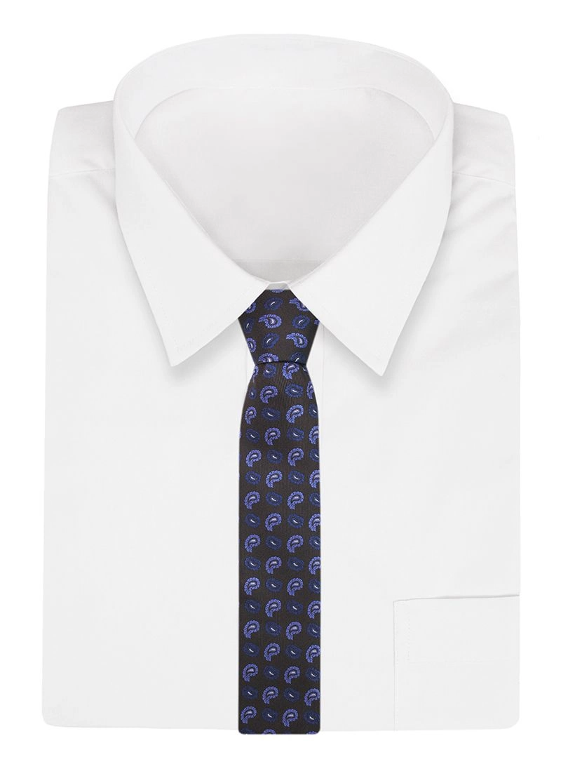 Brązowy Elegancki Krawat -Angelo di Monti- 7 cm, Męski, w Niebiesko-Granatowy Wzór Paisley, Łezki