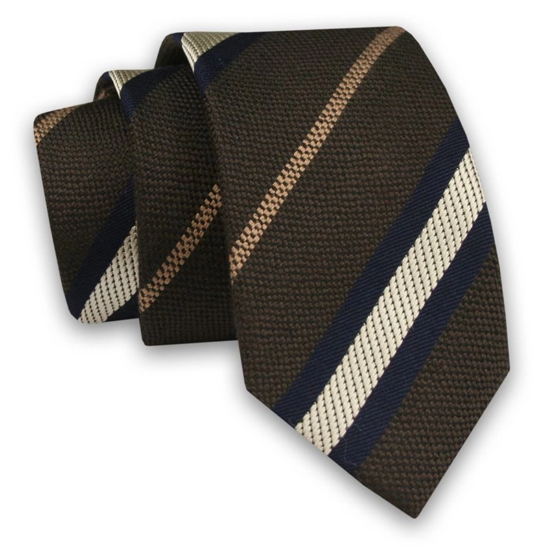 Brązowy Elegancki Męski Krawat -ALTIES- 6cm, Stylowy, Klasyczny, w Biało-Beżowo-Granatowe Paski