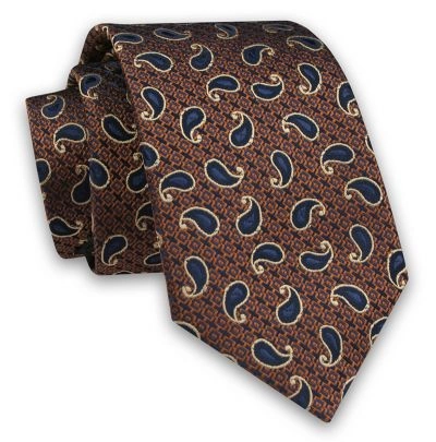Brązowy Elegancki Męski Krawat -ALTIES- 7cm, Stylowy, Klasyczny, w Beżowo-Granatowy Wzór Paisley