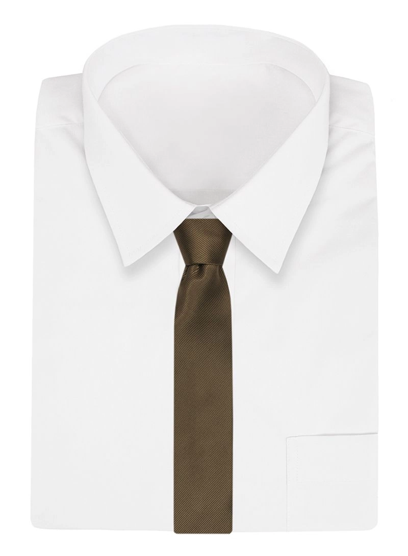 Brązowy, Khaki Elegancki Klasyczny Męski Krawat -Angelo di Monti- 7 cm, w Delikatne Prążki