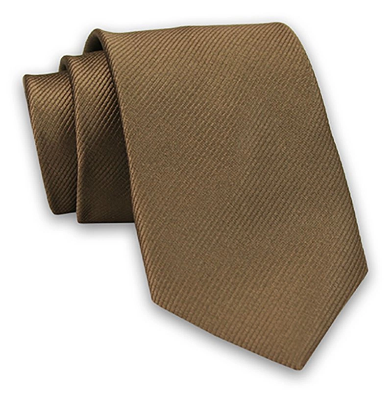 Brązowy, Khaki Elegancki Klasyczny Męski Krawat -Angelo di Monti- 7 cm, w Delikatne Prążki