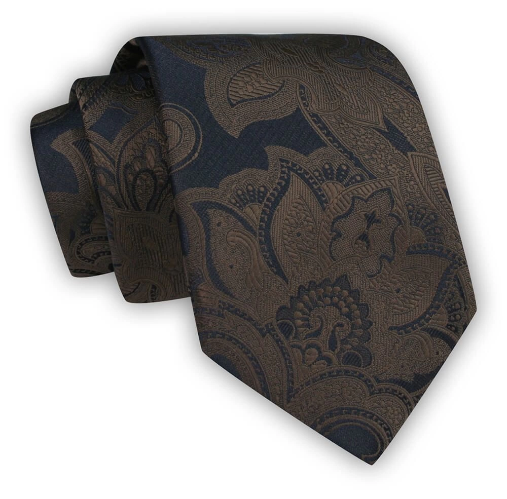 Brązowy Krawat Męski w Kwiaty, Klasyczny, Szeroki 8 cm, Elegancki -CHATTIER