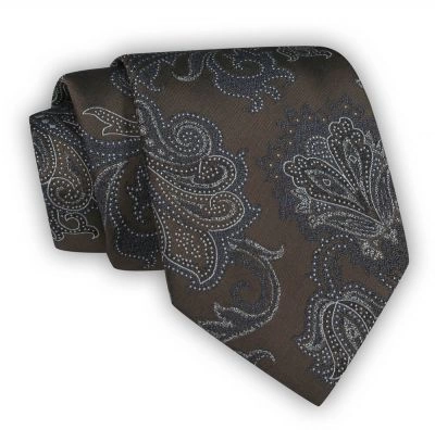 Brązowy Krawat Męski, w Kwiaty, Klasyczny, Szeroki 8 cm, Elegancki -CHATTIER