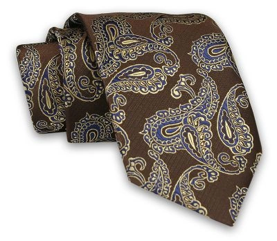 Brązowy Męski Krawat -Chattier- 7,5cm, Klasyczny, Elegancki, w Niebiesko-Żółty Wzór Paisley