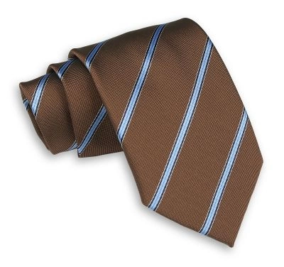 Brązowy Męski Krawat -Chattier- 7,5cm, Klasyczny, Szeroki, Elegancki, w Niebieskie Paski