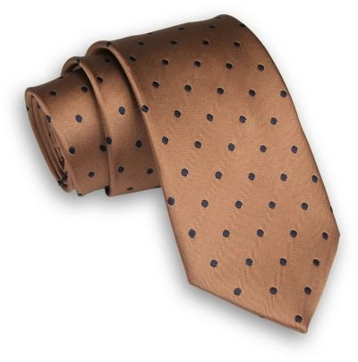 Brązowy Stylowy Klasyczny Męski Krawat -ALTIES- 7cm, Szeroki, w Granatowe Kropki, Groszki