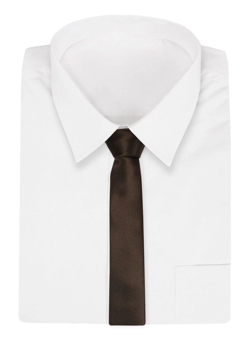 Brązowy Stylowy Krawat (Śledź) Męski -ALTIES- 5 cm, Wąski, Gładki