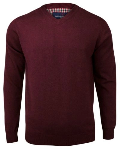 Sweter Burgundowy, Bordowy w Serek, Elegancki, Bawełniany (V-neck) Męski - Adriano Guinari