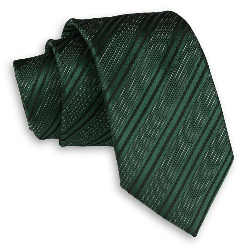 Butelkowy Zielony Elegancki Męski Krawat -ALTIES- 7 cm, Klasyczny, w Paski, Prążki