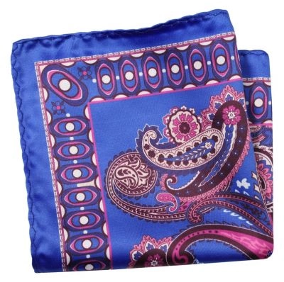 Chabrowo-Różowa Elegancka Męska Poszetka -ALTIES- 24x24 cm, Niebieska, Wzór Paisley