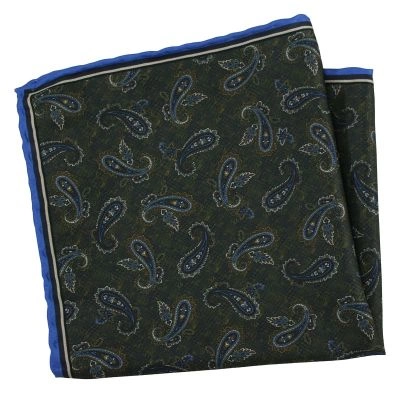 Ciemna Zielona Męska Poszetka -EM Men's Accessories- Paisley, Łezki, z Niebieską Lamówką