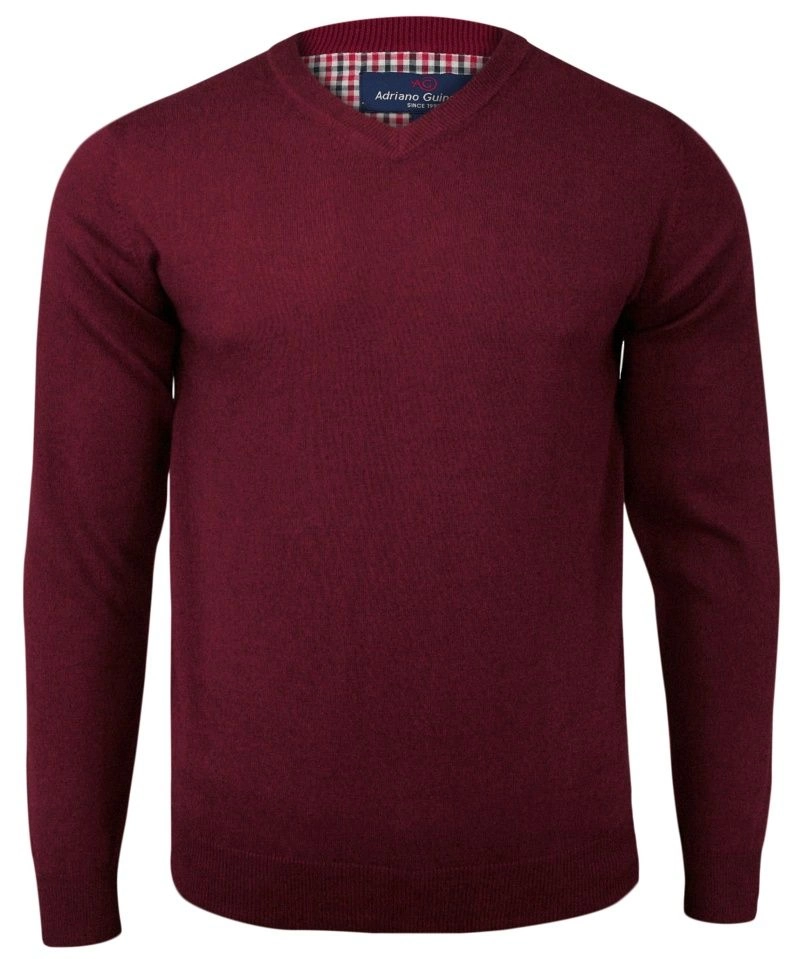 Sweter Bordowy w Serek Klasyczny Męski  Bawełniany (V-neck) - 