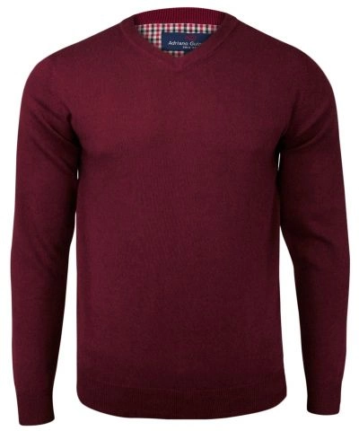 Sweter Bordowy w Serek Klasyczny Męski  Bawełniany (V-neck) - 