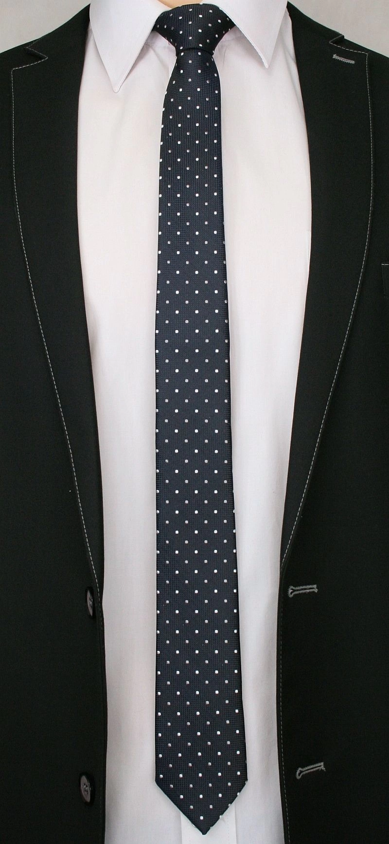 Ciemnogranatowy Elegancki Krawat Męski -ALTIES- 6 cm, w Biało-Szare Kropki, Groszki