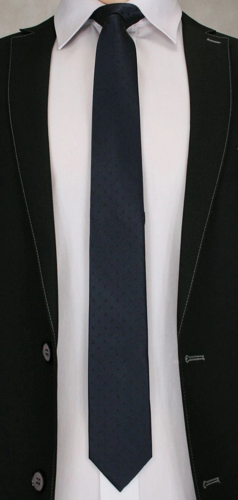 Krawat Męski w Czarny Wzorek, Błyszczący - 6 cm - Angelo di Monti, Ciemnogranatowy 