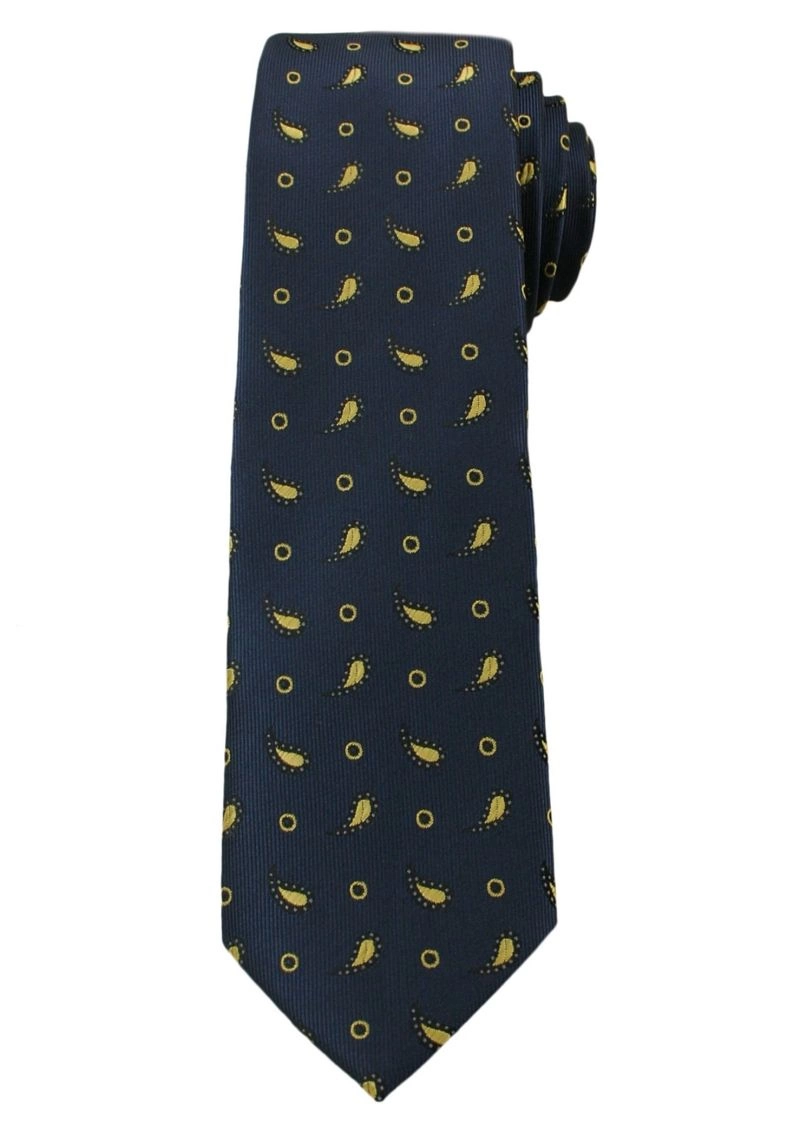 Krawat Męski z Żółtym Wzorem PAISLEY- 6 cm - Angelo di Monti, Ciemnogranatowy 
