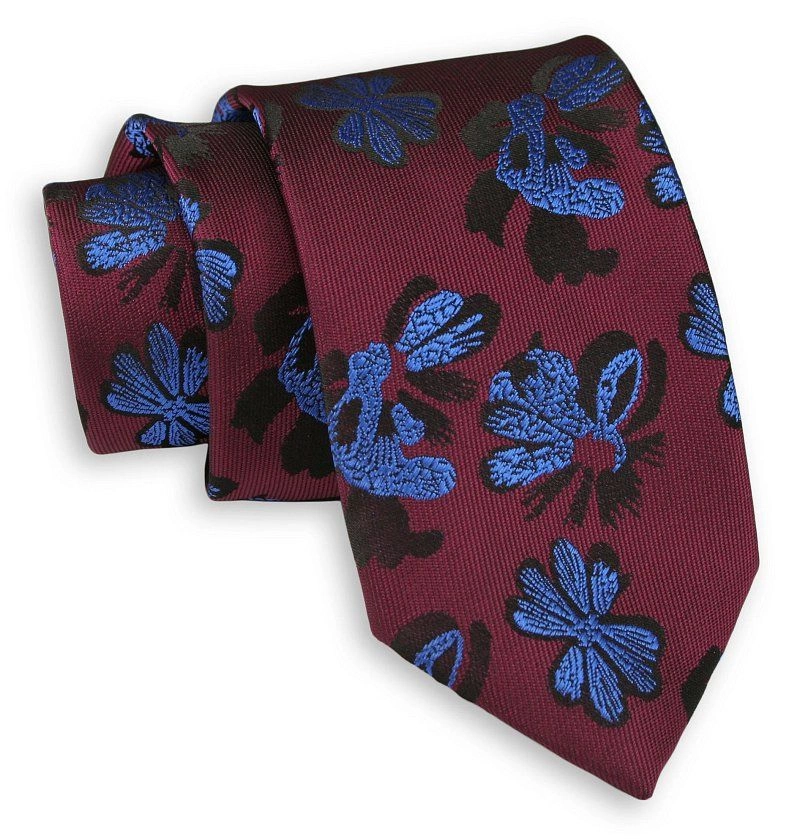 Ciemny Bordowy Elegancki Krawat -Chattier- 7cm, Męski, w Niebieskie Kwiatki