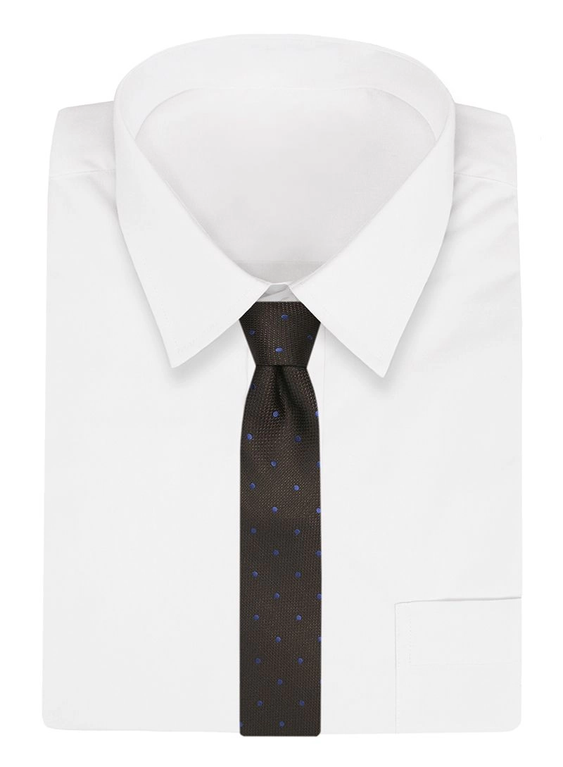 Ciemny Brązowy Męski Krawat -Chattier- 8 cm, Klasyczny, Elegancki, w Niebieskie Kropki, Groszki