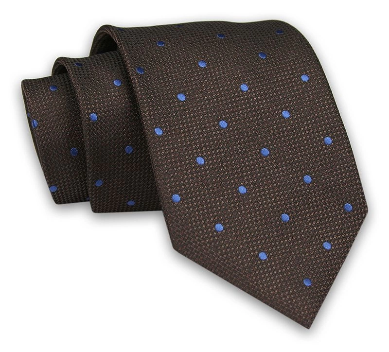 Ciemny Brązowy Męski Krawat -Chattier- 8 cm, Klasyczny, Elegancki, w Niebieskie Kropki, Groszki
