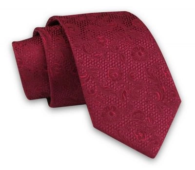 Ciemny Czerwony Elegancki Męski Krawat -ALTIES- 7cm, Klasyczny, w Tłoczony Wzór Florystyczny