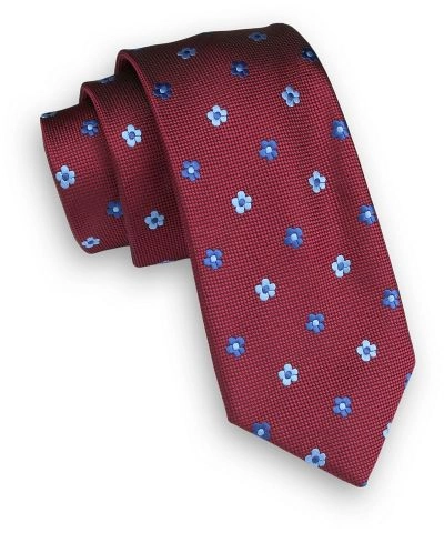 Ciemny Czerwony Klasyczny Męski Krawat -ALTIES- 6cm, w Granatowo-Niebieskie Kwiatki