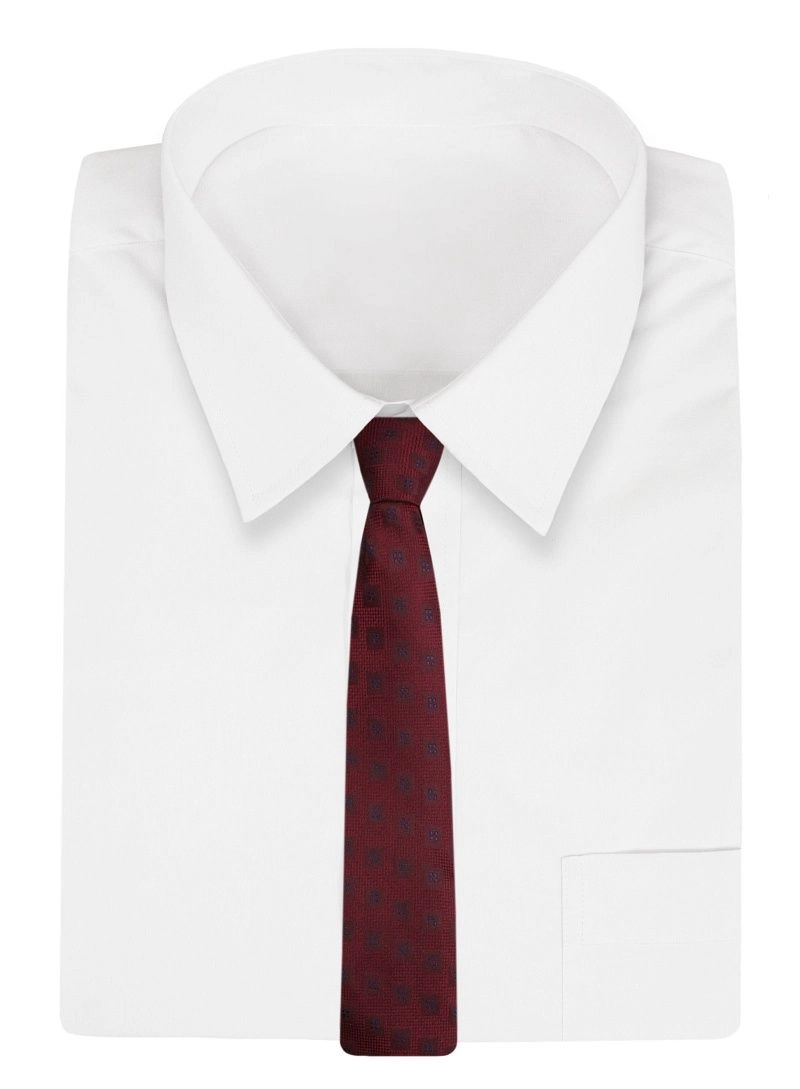 Ciemny Czerwony Męski Krawat -Chattier- 7,5cm, Klasyczny, Szeroki, Elegancki, w Niebieskie Kwadraty