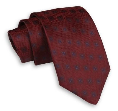 Ciemny Czerwony Męski Krawat -Chattier- 7,5cm, Klasyczny, Szeroki, Elegancki, w Niebieskie Kwadraty