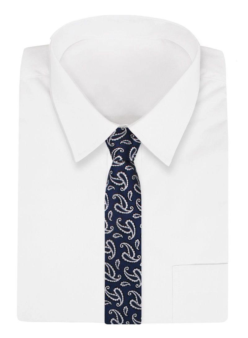 Ciemny Granatowy Elegancki Męski Krawat -ALTIES- 7 cm, Klasyczny, w Biały Wzór Paisley