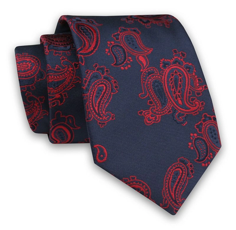 Ciemny Granatowy Elegancki Męski Krawat -ALTIES- 7cm, Stylowy, Klasyczny, w Czerwony Wzór Paisley