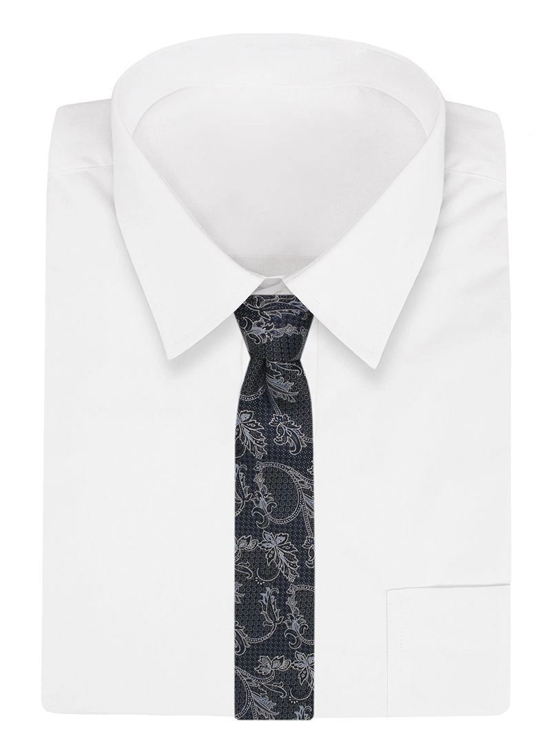 Ciemny Granatowy Elegancki Męski Krawat -ALTIES- 7cm, Stylowy, Klasyczny, w Szary, Srebrny Wzór