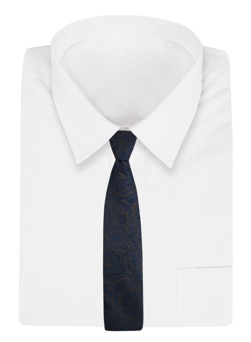 Ciemny Granatowy Męski Krawat -Chattier- 8cm, Klasyczny, Szeroki, Elegancki, w Brązowy Tłoczony Wzór