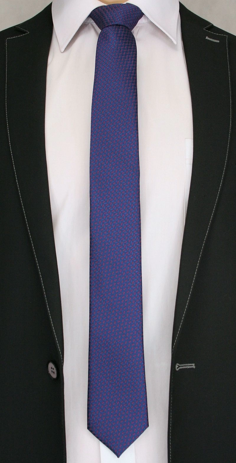 Ciemny Niebieski Elegancki Krawat -Angelo di Monti- 6 cm, Męski, w Czerwony Drobny Wzór