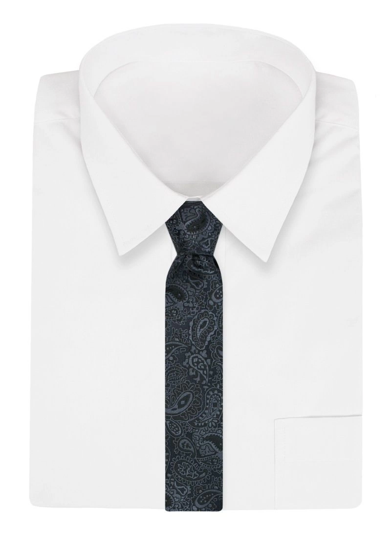 Ciemny Popielaty Męski Krawat -Chattier 7,5cm, Klasyczny, Szeroki, Elegancki, Grafitowy Wzór Paisley