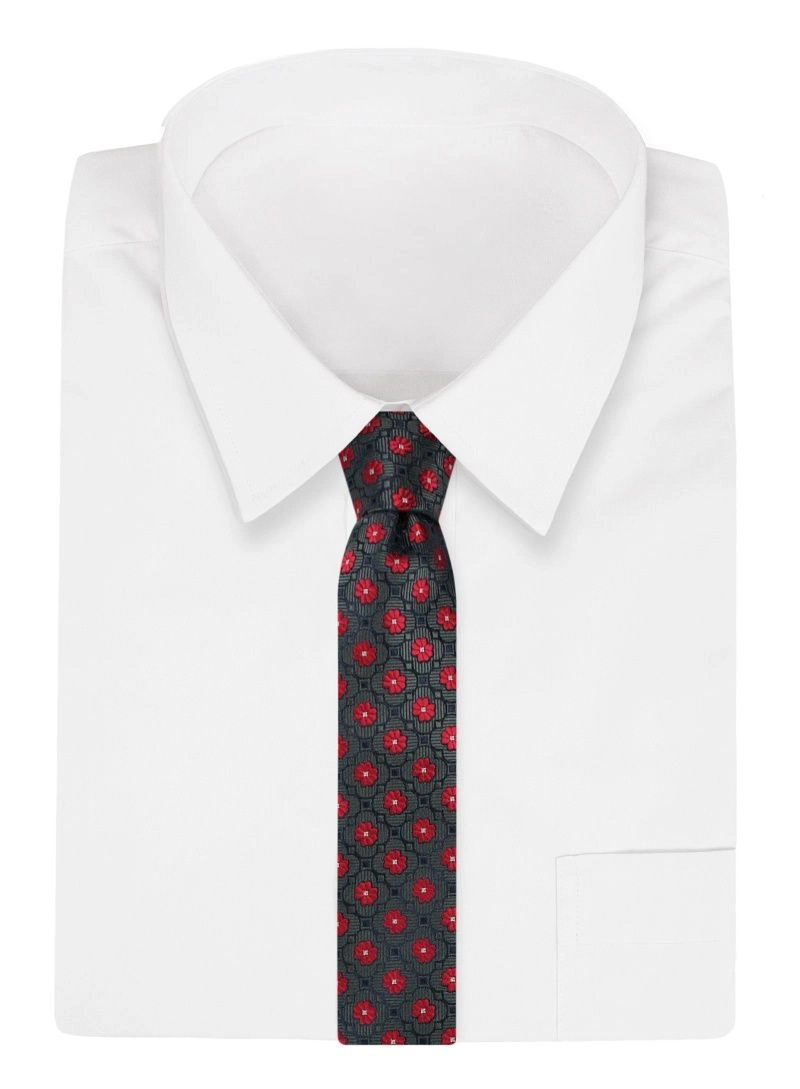Ciemny Zielony Elegancki Męski Krawat -ALTIES- 7 cm, Klasyczny, w Czerwone Kwiatki
