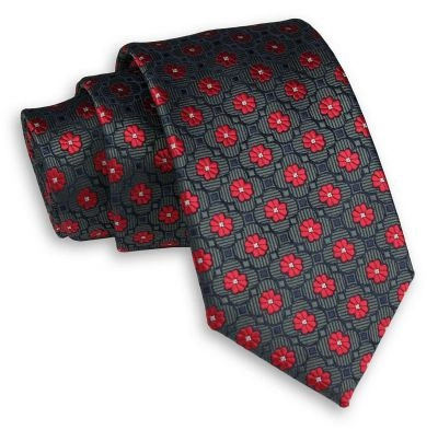 Ciemny Zielony Elegancki Męski Krawat -ALTIES- 7 cm, Klasyczny, w Czerwone Kwiatki