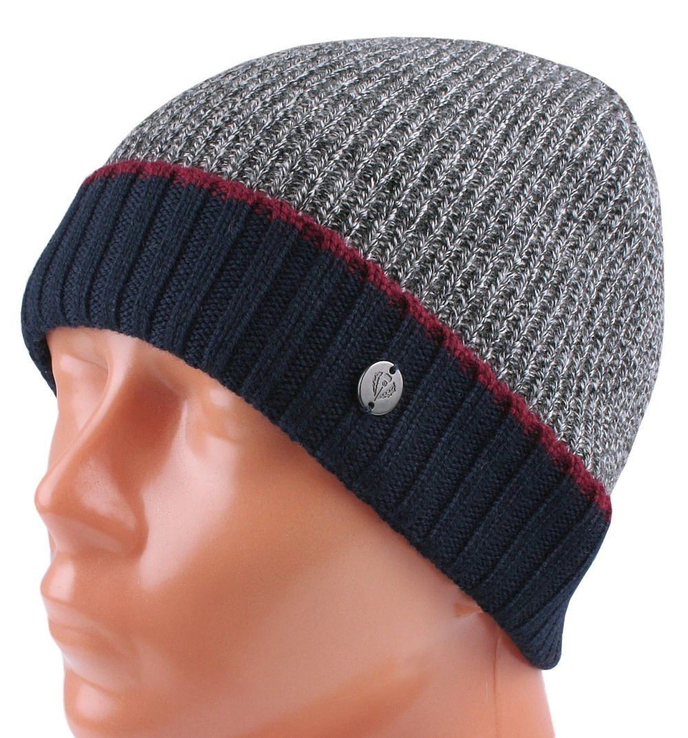 Ciepła, Wełnina Czapka (Beanie) - V. Fraas - Szary Melanż i Granat