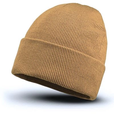 Czapka Zimowa Jasna Beżowa, Camelowa, Beanie, Odwijana, Męska -EM Men's Accessories- Jednokolor